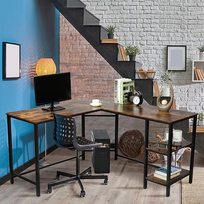 L Shaped Corner Computer Desk 54.3 inch with Storage Shelf Long Gaming Desk for Home Office PC Workstation Saving Space Laptop Table Rustic Brown