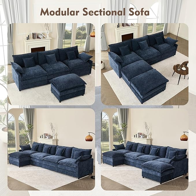142.5 U Shaped Couch Modular Sectional Sofa 3-Seater Comfy Cloud Couch Set of Modular Pieces with Movable Ottoman Deep Seat Couches for Living Room Chenille Navy