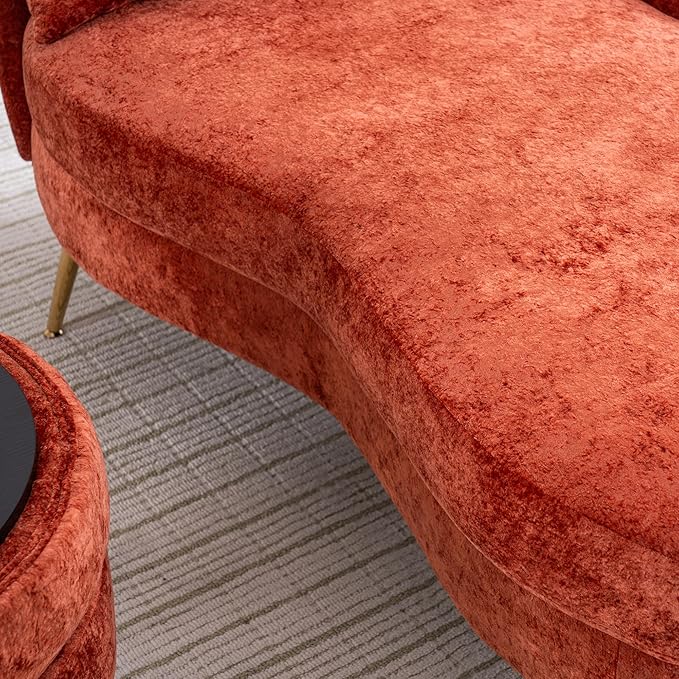 Modern Curved Chaise Lounge Chair Indoor 58 Chenille Lounge Sofa with Left Armrest &amp Lumbar PillowsUpholstered Leisure Recliner Chair with Removable Storage Footstool for Living Room (Red)