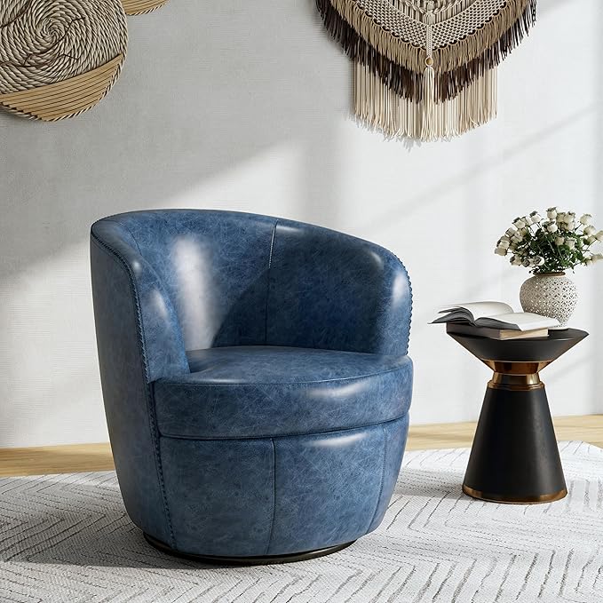 Swivel Barrel Chair Modern Round PU Leather Accent Armchair for Living Room Bedroom Comfy Club Reading Chairs for Adults (Leather Navy Blue Set of 2)
