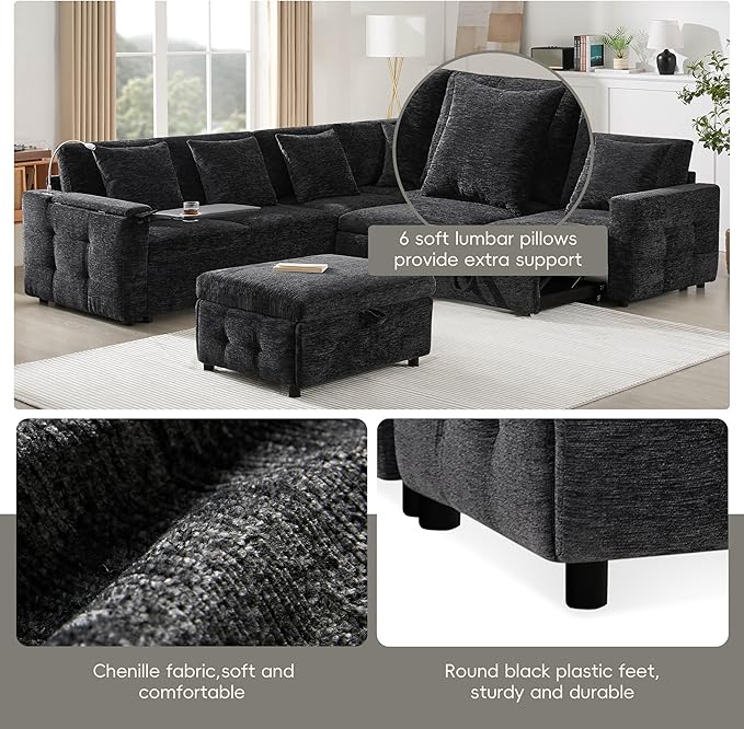 117 * 90'' Modular Sectional Pull-Out Sofa Bed with Flip-up Table Panel Reading Lamp Charging Ports Storage Ottoman 6 Pillows Chenille Oversize &amp Free Combination Couch (Black-10.5)