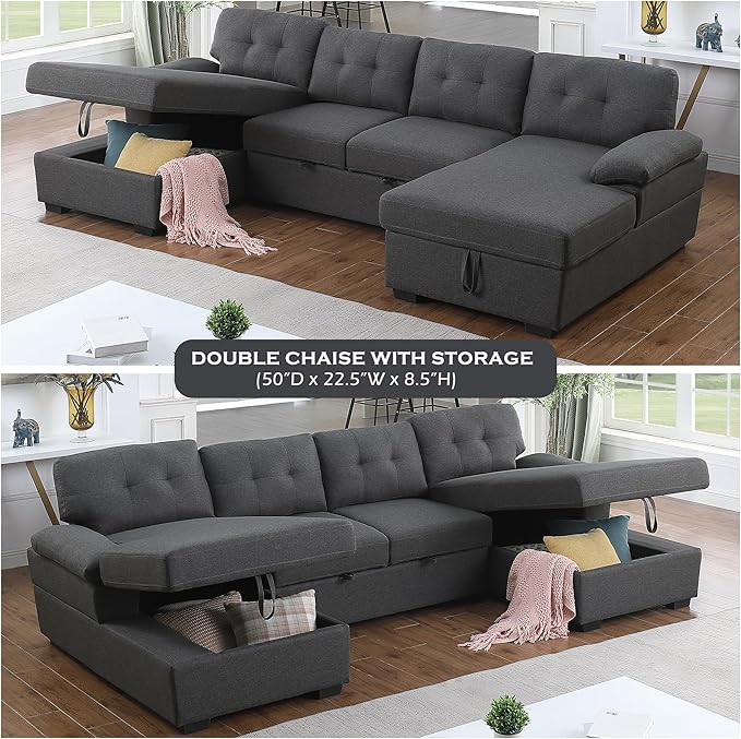 BEEY Sectional Sleeper Sofa 120 Oversized Couch Bed 4 Seat Sofa Bed U Shaped Sectional Couch with Pull Out Bed and Double Storage Chaise for Living Room Bedroom Dark Grey