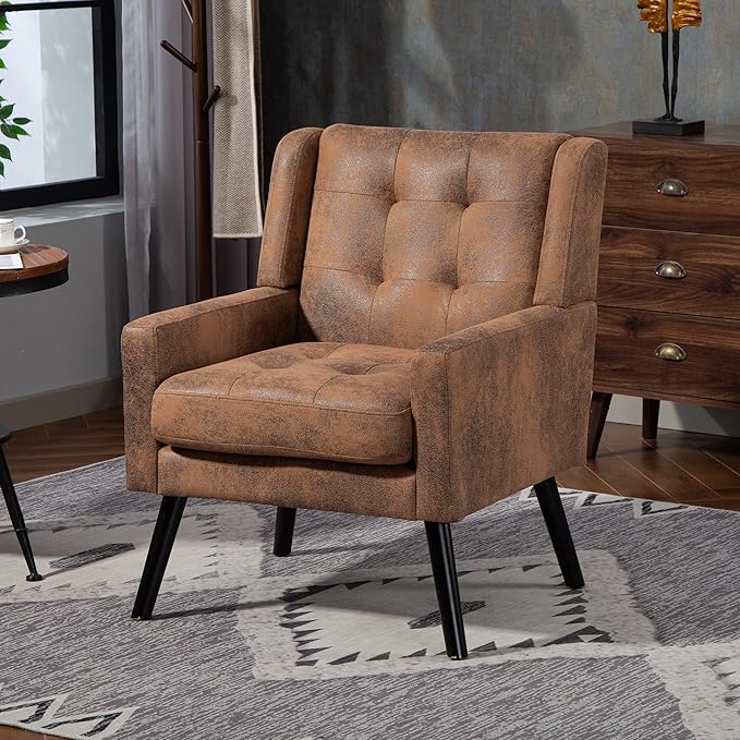 Mid-Century Modern Accent Chair Plush Suede Fabric with Button Tufted High Back &amp 5 Thick Cushion High Comfort Reading Chair for Living Room Bedroom Office (Brown)