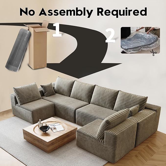 139.4 U Shaped Cloud Sectional Sofa for Living Room Plush Corduroy Cover Fluffy Memory Foam Cushions No Assembly Required Modular Chaise Lounge Oversized Comfortable Couches Set Camel