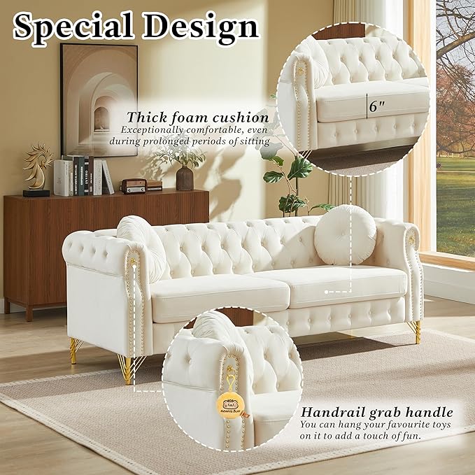 KEIKI 82 inch Chesterfield Sofa Retro Style Upholstered 3 Seat Velvet Couch with Rolled Arm for Living Room Bedroom Office Apartment Beige