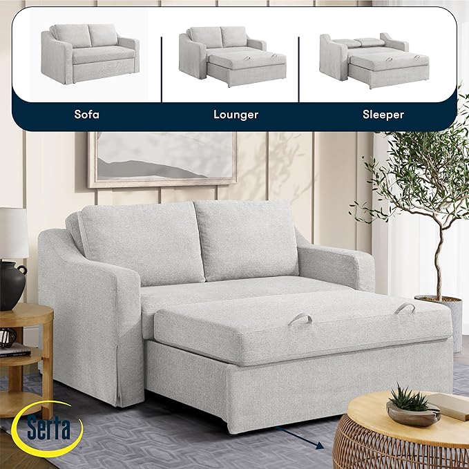Serta Hawthorne 66.1 Slipcovered Convertible Sleeper Loveseat Full Size Dreamcoil Comfort FingerGuard Pinch Point Protection Polyester Tweed Fabric Linen