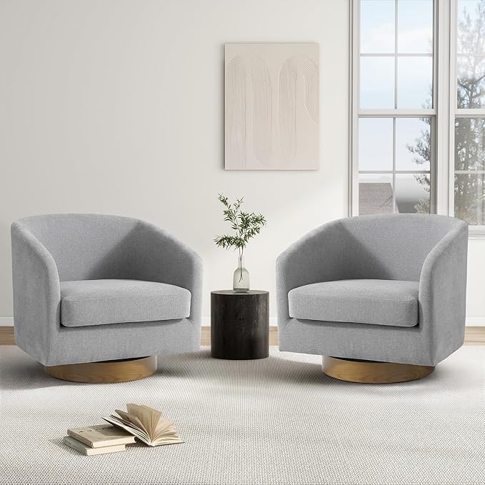 Swivel Barrel Chair Modern Round PU Leather Accent Armchair for Living Room Bedroom Oversized Comfy Club Reading Chairs for Adults (Chenille Light Grey Set of 2)