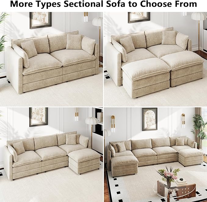 Aoowow Modular Sectional Sofa Modern Convertible L Shaped Couch147.2 Inch Deep 4-Seater Sofas Set Comfy Chenille Cloud Sofas and Couches with Movable Ottoman for Living Room Apartment（Light Coffee）