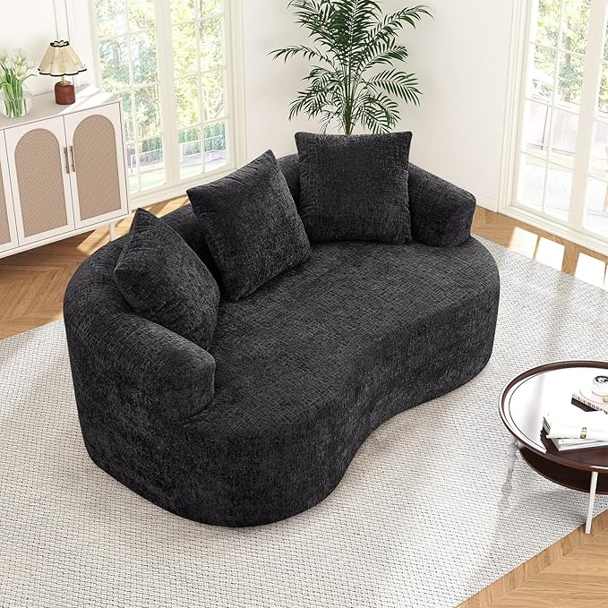 60 Curved Sectional Sofa for Small Spaces - Plush Chenille Modern Cloud Loveseat with Pocket Springs &amp Memory Foam Boneless Floor Couch for Living Room 27.6 Extra Deep Seat No Assembly (Black