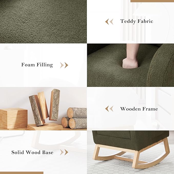 Setawix Teddy Rocking Glider Chair with Footrest for NurseryUpholstered Living Room Rocker Arm ChairLeisure Rocking ArmchairMid Century Modern Rocking Accent Chair with Side Pockets (Teddy Green)