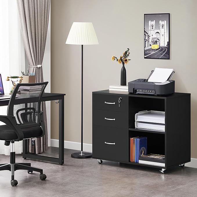 Topeakmart Black File Cabinet with Lock for Letter A4 Size 3 Drawer Lateral Filing Cabinet Printer Stand with Open Storage Compartments for Home Office Black