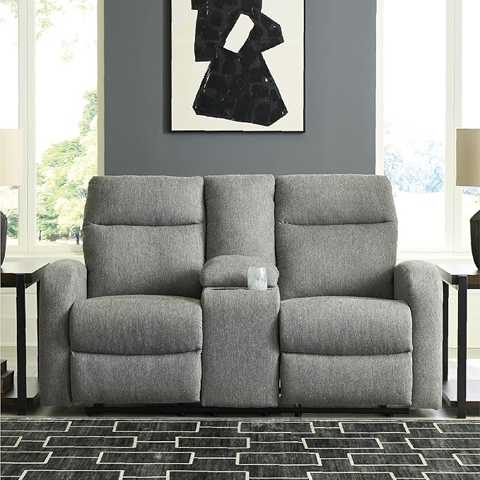 Signature Design by Ashley Carrigan Lane Classic Manual Pull Tab Dual Sided Reclining Loveseat with Console and Storage Gray