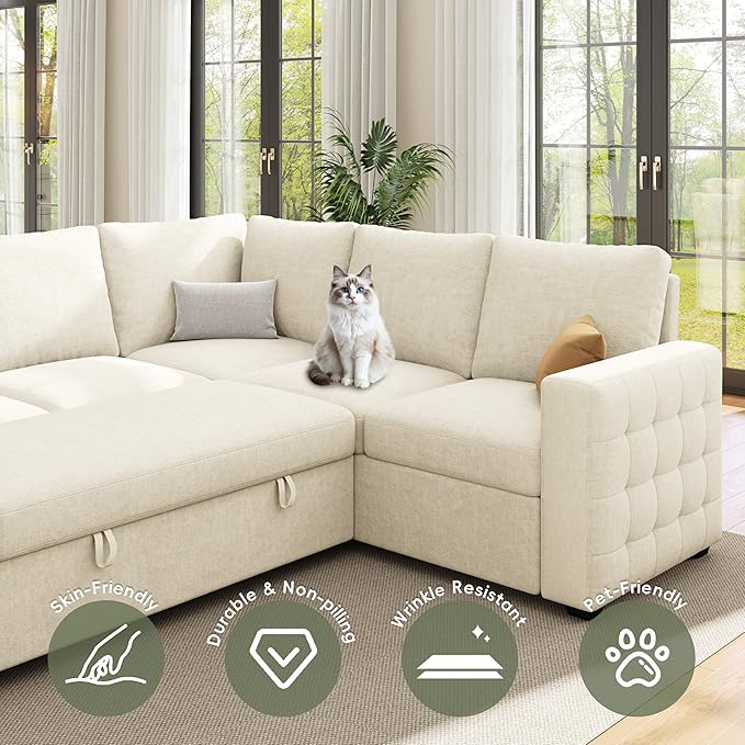 86 Sectional Sleeper Sofa Bed Sleeper Couch with Pull out Bed L Shaped Couch with Storage Modular Sectional Sofa Sectional Couches for Living Room&ampApartment Convertible Sofas Beige Couches