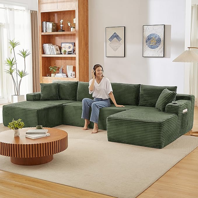 133.5 Modular Sectional Sofa with Movable Chaises Boneless Couches with Cup Holders for Living RoomOversized U Shaped Sectional Couch Modern Cloud Corner Sofa with Storage 6 Seater- Green