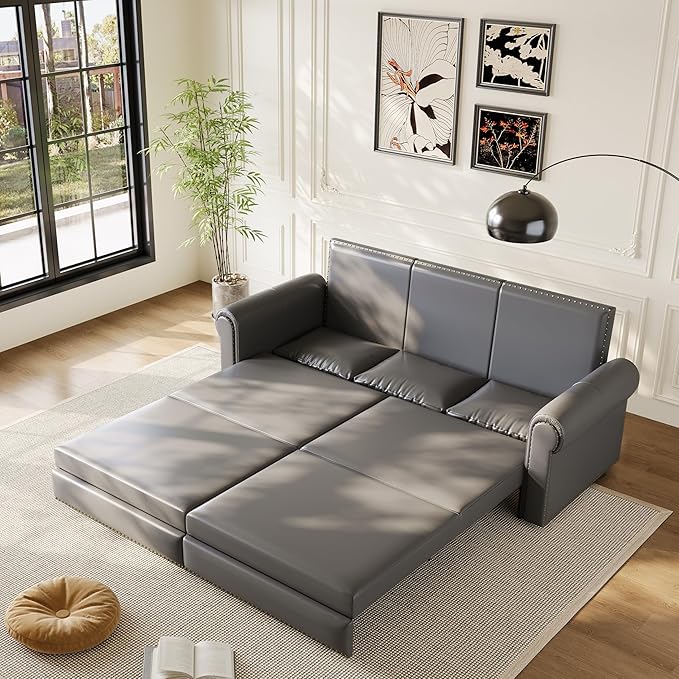 93.7 King Pull Out Sofa Bed Faux Leather Convertible Sleeper Couch with Nailhead Trim Oversized Mid Century Modern Chesterfield Sofa Sectional Couch for Living Room Grey