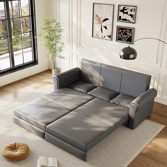 93.7 King Pull Out Sofa Bed Faux Leather Convertible Sleeper Couch with Nailhead Trim Oversized Mid Century Modern Chesterfield Sofa Sectional Couch for Living Room Grey