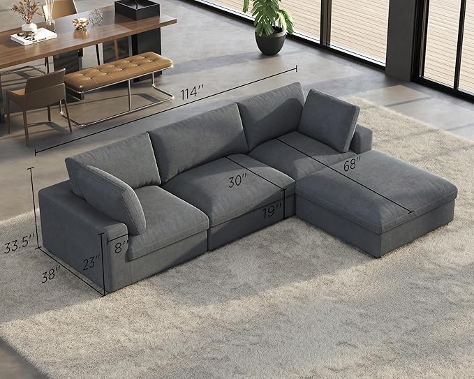 AMERLIFE 114 Inches Modular Sectional Couch Feather Down Filled Sectional Sofa 4 Seats L Shaped Couch with Chaise Ottoman Cloud Sofa for Living Room Apartment Grey Linen
