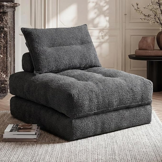 Folding Sofa Bed Fold Out Chair Bed with Pillow Convertible Sleeper Chair for Living Room/Guest Room Foldable Lazy Sofa Bed Floor Chair Comfy Teddy Velvet Couch Bed Grey