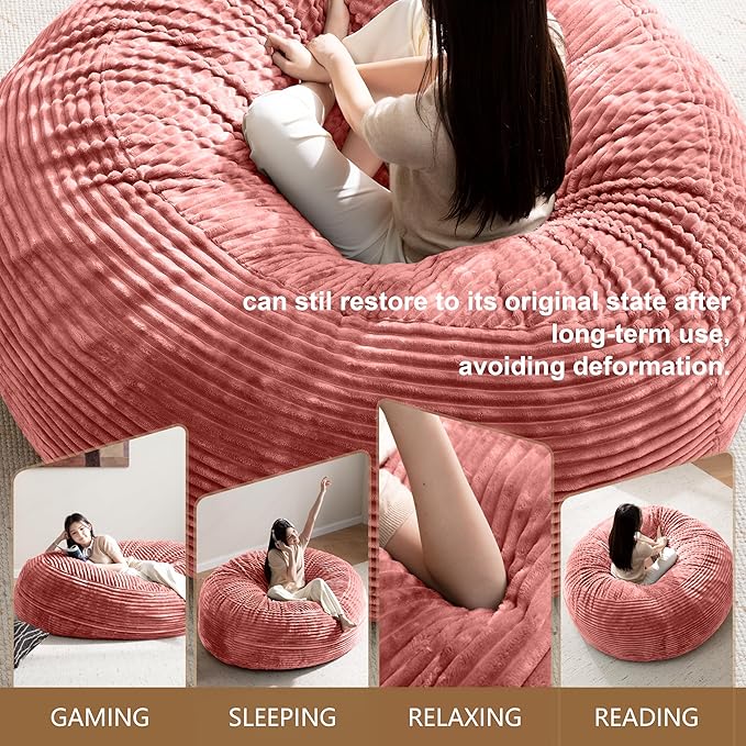 Bean Bag Chair for Adults Floor Bean Bags Offers Ample Space for AdultsMemory Foam Giant Bean BagsLounger Versatile Design Suits Any RoomMovie NightsReading (Striped Pink 5FT)