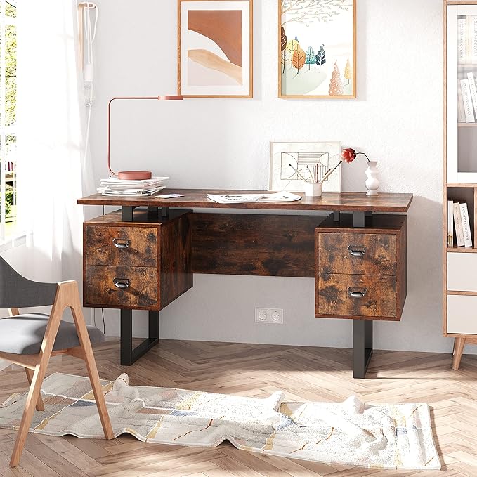 MODERION Computer Desk for Home Office with 4 Large Drawers Rustic Wood Writing Study Table with Metal Frame 59” x 21.7” x 29.5” Easy Assembly Vintage CTSZ20401RC