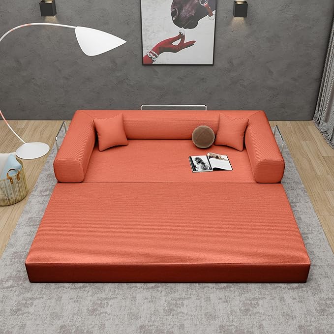 Convertible Couch Sofa Bed Foldable Floor Sleeper | All High-Density 35D Foam | Fold Out Deep Seat Couch | King Size | Compression Sofa Sleeper for Living Room Bedroom | Corduroy Orange