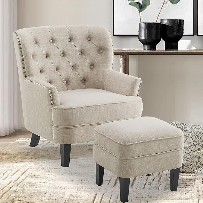 Rosevera Accent Chair and Ottoman Set - Button Tufted Armchair for Living Room Bedroom Reading - Mid-Century Modern Lounge Chair Set - Beige