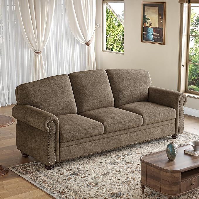 ONBRILL 90 Inch Rolled Arm Sofa for Living Room Deep Seat Nailhead Trim Couch Comfy 3 Seater Chenille Couch w/Wooden Leg Springs Seat Cushion Large Traditional Sofa for Farmhouse Brown