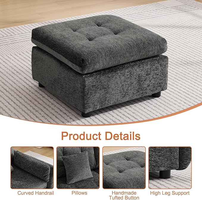 24 Square Modular Ottoman for Sectional Sofa Tufted Chenille Upholstered Footrest Cloud Sofa Ottoman for Living Room Dark Grey