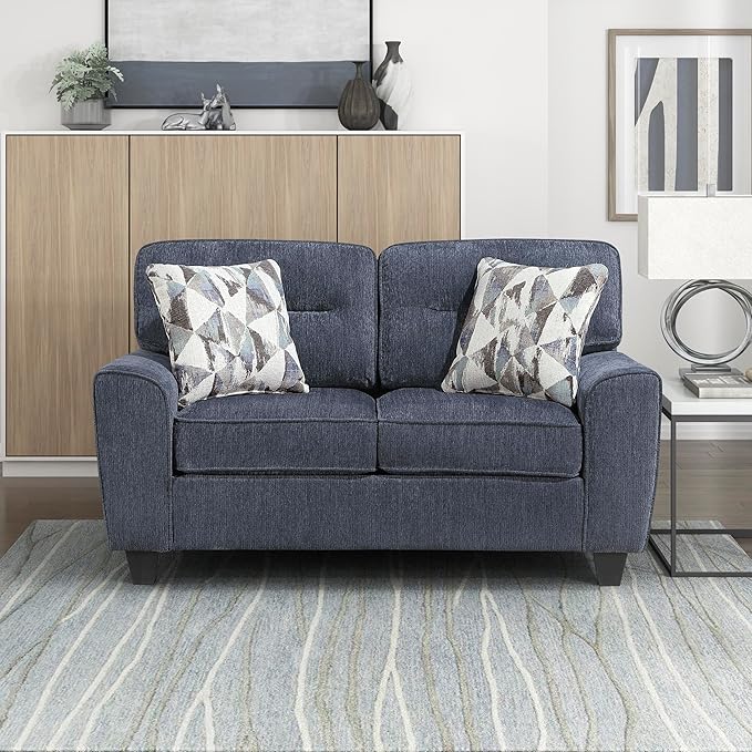 Lexicon Modern Loveseat Chenille Loveseat 2 Pillows Track Arm Reversible Cushions Removable Cushion Cover Easy Assembly Small Couch for Living Room/Office/Reading Spaces Blue