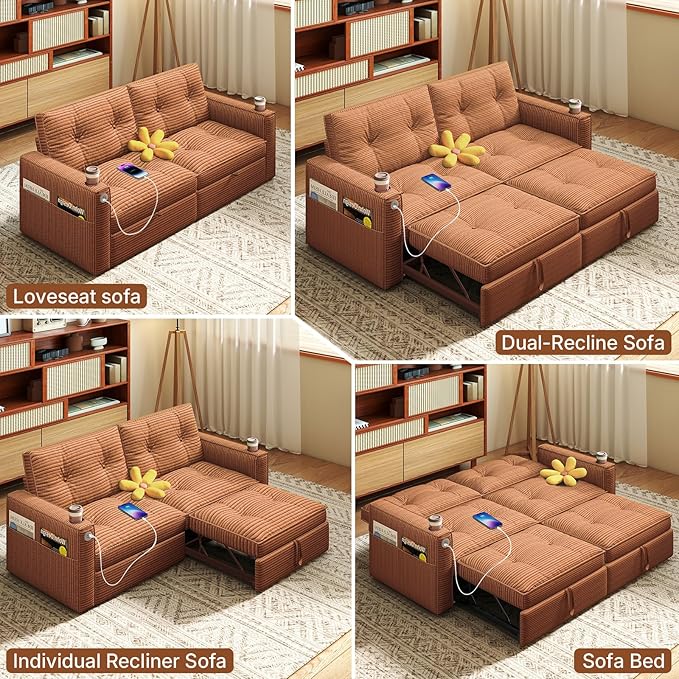 Rovibek 73.2 Convertible Sofa Bed Pull Out Couch with USB Charging Port &amp Cup Holders Adjustable Backrest Side Pockets Modern Corduroy Sleeper Sofa for Living Room Bedroom Apartment Orange