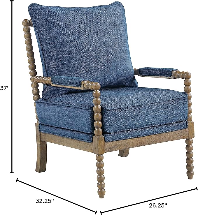 OSP Home Furnishings Fletcher Spindle Accent Chair with Rustic Brown Finish Navy Blue Upholstery