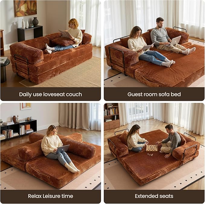 HOOOWOOO Convertible Folding Futon Sofa Bed4 in 1 Plush Corduroy Sleeper Couch No Assembly80.5 Boneless Loveseat 2 Chaise Lounge with Steel Frame(Brick Red)