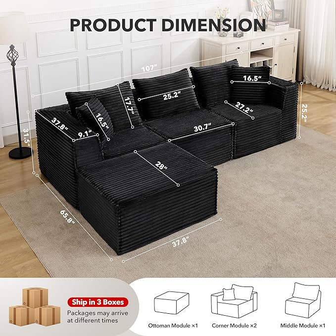 107 Modular Sectional SofaModern Cloud Sectional Couch with Deep Seat L-Shape Boneless Couch with Chaise for Living Room Apartments Bedroom No Assembly Required (3 Seater + 1 Ottoman)Black