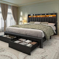 Torana King LED Bed Frame with 2 Drawers PU Leather Upholstered Storage Wingback Headboard Beds Channel Tufted Platform Bedframe with Rivet Decor No Box Spring Needed Black