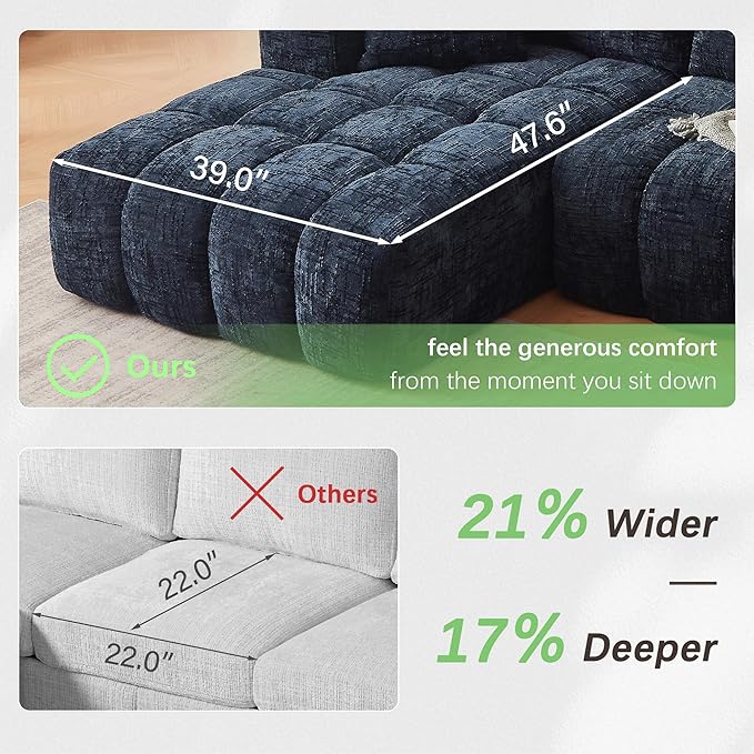 108 L-Shaped Sectional Sofa Compressed Boneless Cloud Couch with Left Chaise &amp Pillows Chenille Upholstered 4-Seater Modular Sofa for Living Room No Assembly Navy Blue