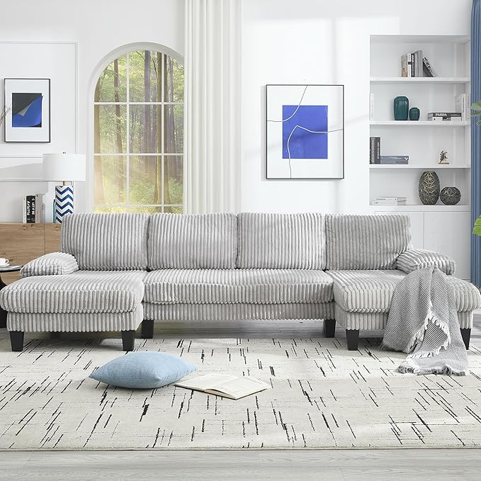 114.2 Beige Sectional Couches for Living Room U Shaped Couch with Double Chaise Modern Comfortable Plush Corduroy 4-Seat Cloud Sofa Set with Chenille Fabric for Home Furniture (Light Gray)