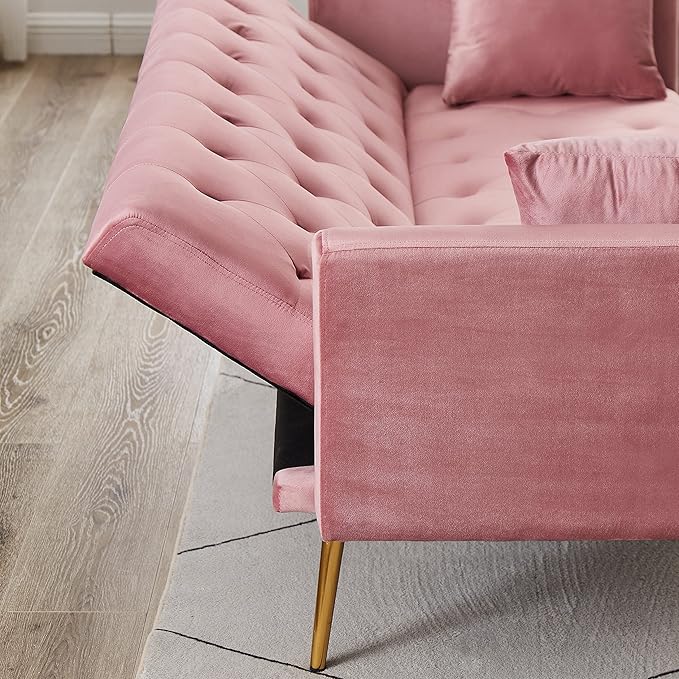 Anwick Modern Velvet Sofa Bed Futon with 2 Pillows2-in 1 Convertible Sleeper Couch BedFolding Recliner Loveseat with Golden Metal Legs for Living Room Apartment Office (Pink)