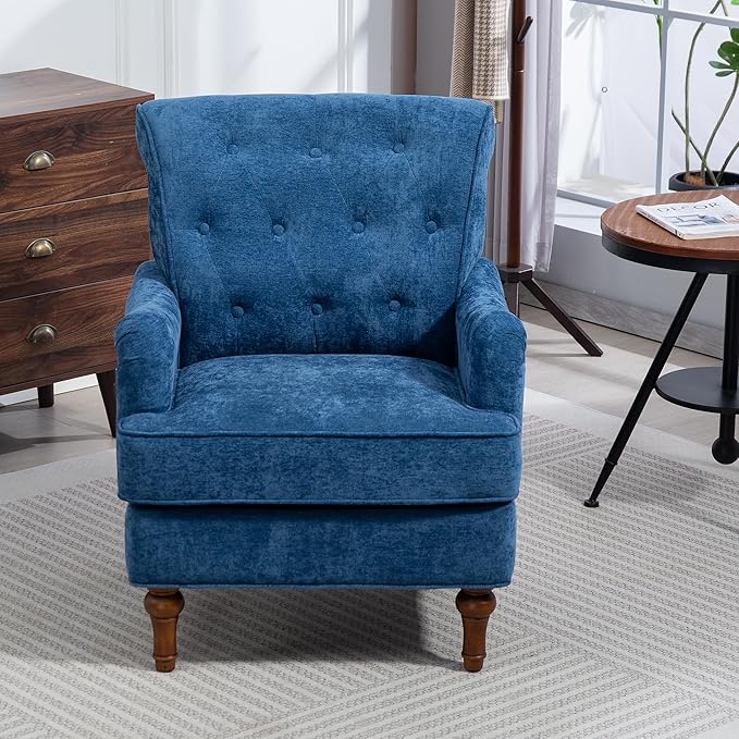JOSHEN 35.5 Chenille Club Accent ChairUpholstered Fabric Sofa ChairReading Chair with Springs Cushions and Retro Wooden Legs for Living RoomBedroomOfficeBlue
