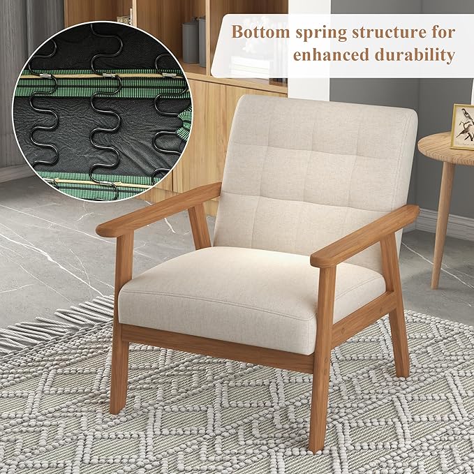 Westice Accent Chair Set of 2 Mid-Century Modern Living Room Chairs with Solid Wood Frame &amp Soft Thicken Cushion Upholstered Arm Reading Chair for Bedroom Balcony Beige Linen Fabric &amp Natu