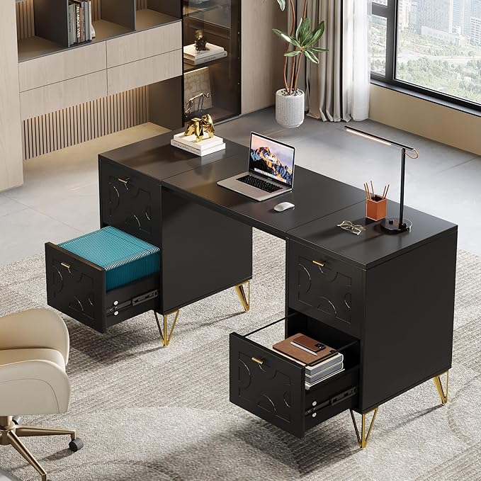 Tribesigns 59-Inch Black Executive Computer Desk with 4 File Drawers Storage Modern Writing Table Luxury Desk with Gold Legs for Home Office