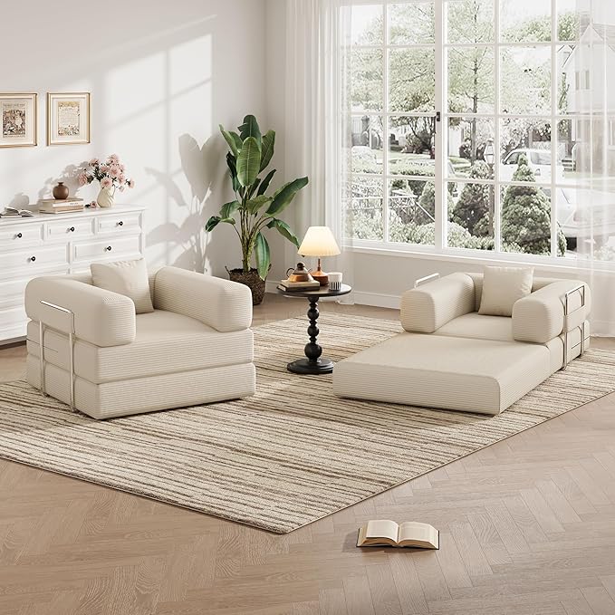 Folding Sofa Bed 2 in 1 Convertible Sofas to Lounger Comfy Single Bean Bag Chair Floor Portable Foldable Sleeper Lazy Futon Couch Chair for Bedroom Living Room (Beige 35.43 Single Sofa)