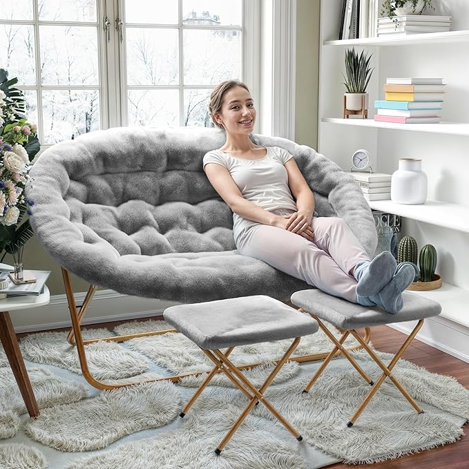 Flash Furniture Eleanor Portable Double Saucer Chair with 2 Ottomans Folding Steel Frames for Dorm or Bedroom 56 Gray Faux Fur/Soft Gold Frame