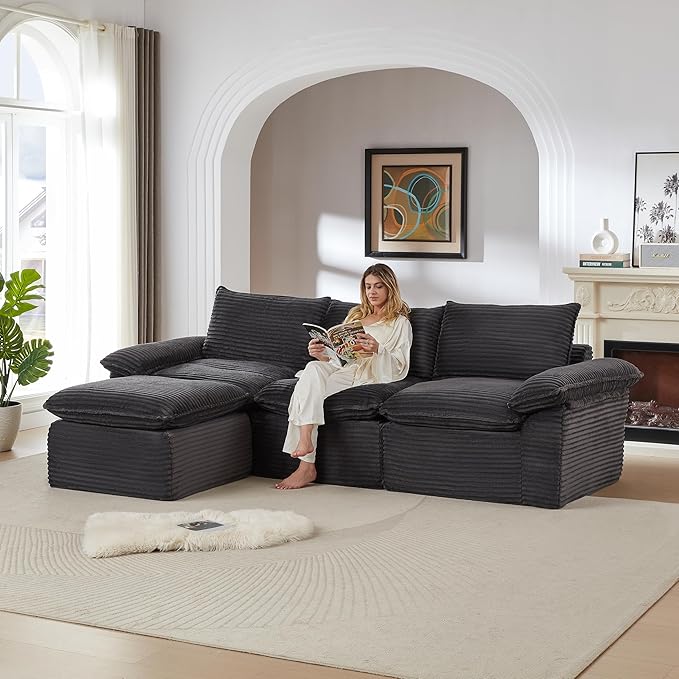 KEIKI 111 L-Shaped Oversized Corduroy Modular Sectional Sofa with 1 Ottoman &amp High-Density Foam Cushion &amp Pillows Upholstered Modern Cloud 3-Seater Couch Easy Assembly for Living Room Dar
