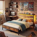 Full Size Bed Frame with LED Lights &amp Charging Station Bed Frame Full with Headboard13 Under Bed Storage Noise-Free Heavy Duty Metal Support Modern Brown