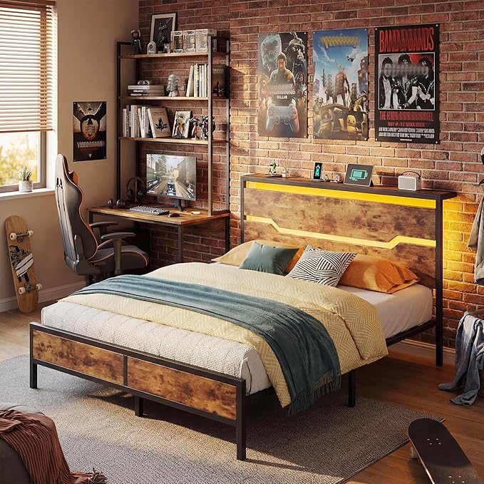 Full Size Bed Frame with LED Lights &amp Charging Station Bed Frame Full with Headboard13 Under Bed Storage Noise-Free Heavy Duty Metal Support Modern Brown
