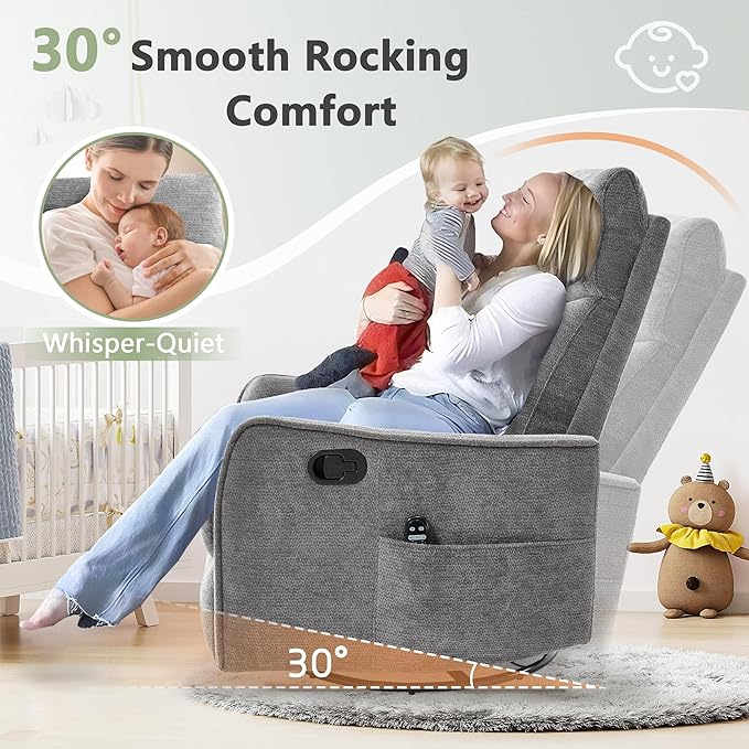 cinkehome Heated Massage Swivel Rocker Recliner Chair for Nursery - Small Space Reclining Chair with Lumbar Support 360° Swivel &amp Gentle Rocking Ergonomic High Back Chenille Fabric Gray