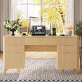 Wooden Desk with Drawers 55 Fluted Executive Desk with Storage Cabinet Wood Home Office Desk with File Cabinet Modern Computer Writing Desk for Study Living Room Bedroom