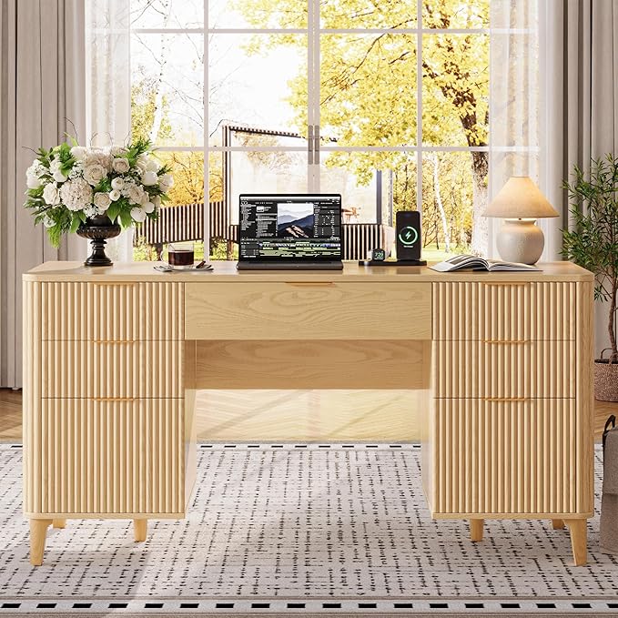 55.1 Fluted Executive Desk with Drawers Wood Computer Desk with Storage Cabinet Home Office Desk with Charging Station Farmhouse Desk with File Cabinet for Office Home