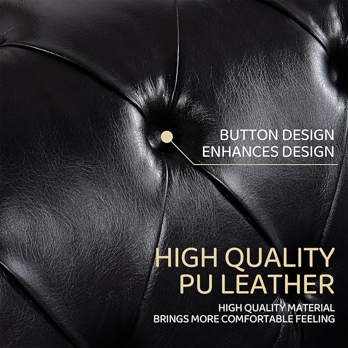 Black Couches for Living Room Modern Tufted Chesterfield Sofa Deep Seat Comfy Faux Leather Sofa Tight Pleated Rolled Arms 85” 3 Seater Sofas for Bedroom Office