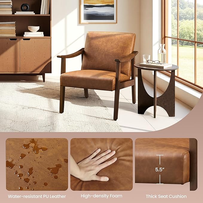 Yaheetech PU Leather Accent Chair Mid-Century Modern Armchair with Solid Wood Legs Reading Leisure Chair with High Back for Living Room Bedroom Waiting Room Brown